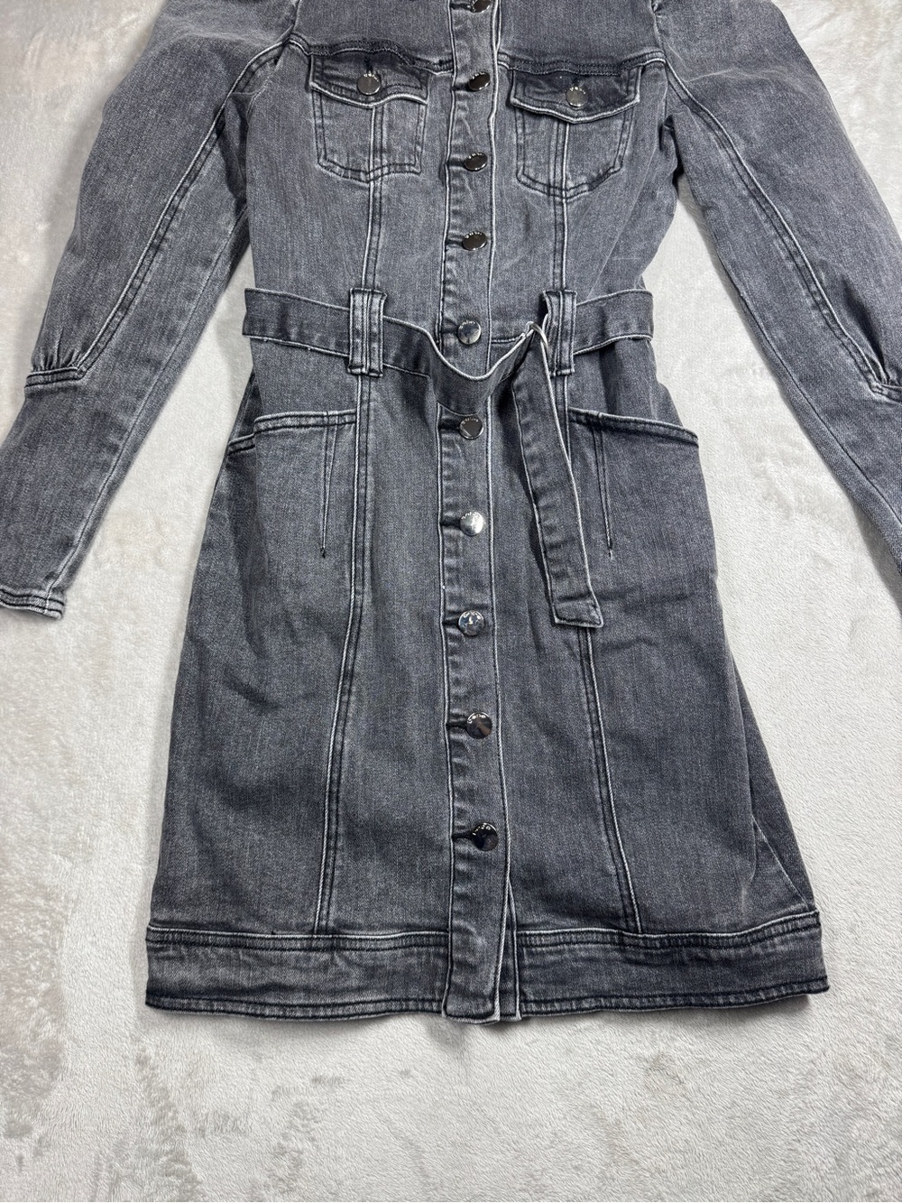 Bebe Puff Sleeves Faded Black Denim Jean Buttoned Belted Mini Dress Size 2 - Picture 6 of 16